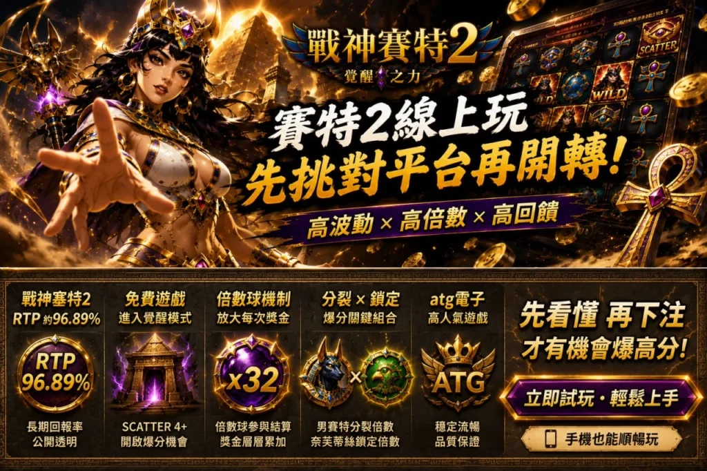 賽特2線上玩攻略圖，整理戰神賽特2 RTP、免費遊戲、倍數球、分裂鎖定與正版平台重點。