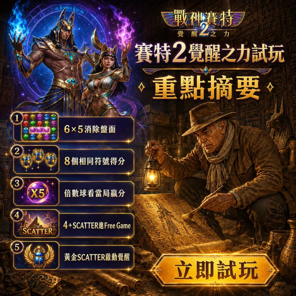 九州2覺醒之力試玩重點摘要圖，整理6×5消除盤面、倍數球、SCATTER與Free Game等核心玩法